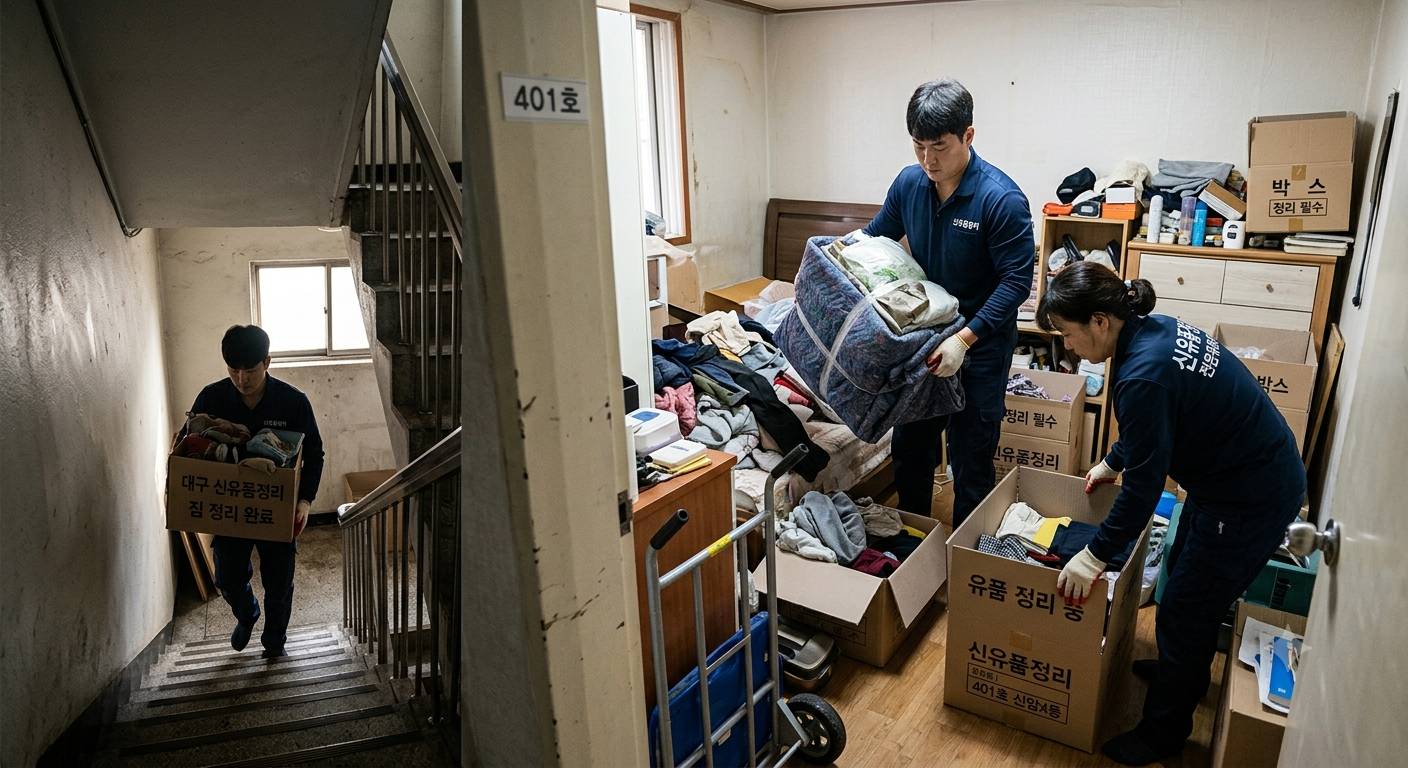 유품정리업체 직원이 4층 원품에서 유품을 정리하는 모습